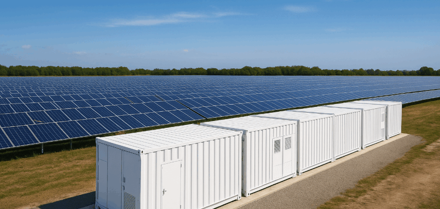 Solar farm with containerized battery storage system.