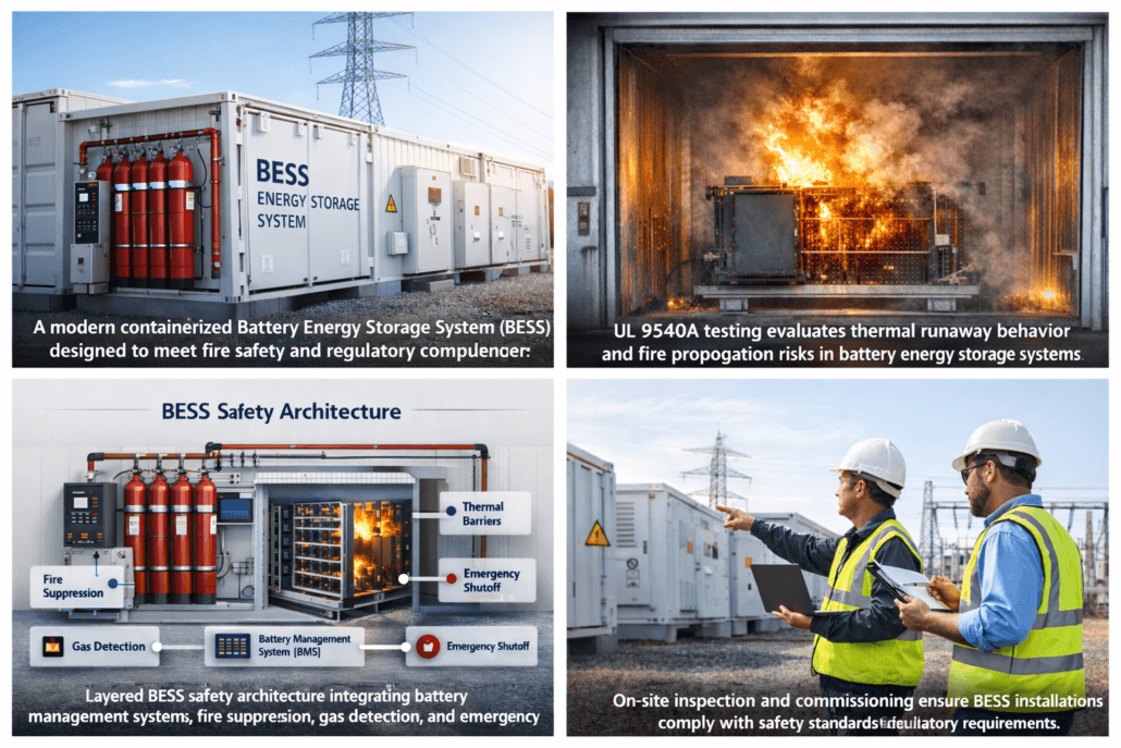 Battery energy storage system safety overview showing containerized BESS with fire suppression, UL 9540A fire testing, safety architecture, and on-site inspection