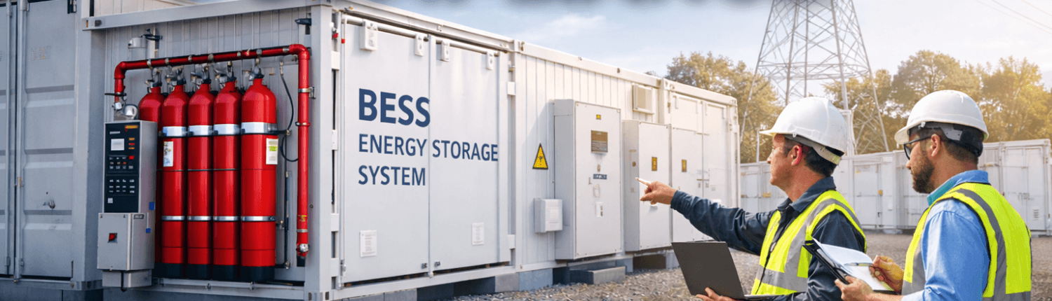  SunLith Energy Containerized battery energy storage system with integrated fire suppression, safety architecture, and on-site inspection demonstrating BESS compliance with UL, NFPA, and IEC standards