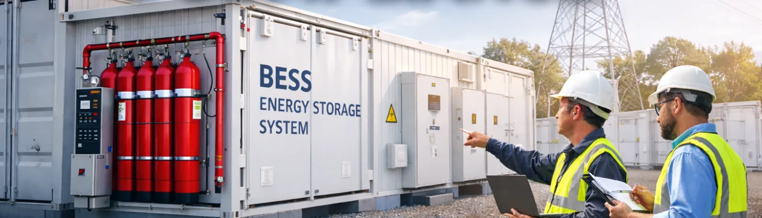 bess-safety-compliance-featured - SunLith Energy SunLith Energy Containerized battery energy storage system with integrated fire suppression, safety architecture, and on-site inspection demonstrating BESS compliance with UL, NFPA, and IEC standards