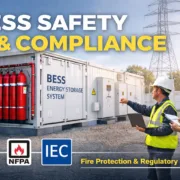 bess-safety-compliance-featured - SunLith Energy SunLith Energy Containerized battery energy storage system with integrated fire suppression, safety architecture, and on-site inspection demonstrating BESS compliance with UL, NFPA, and IEC standards