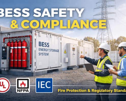  SunLith Energy Containerized battery energy storage system with integrated fire suppression, safety architecture, and on-site inspection demonstrating BESS compliance with UL, NFPA, and IEC standards