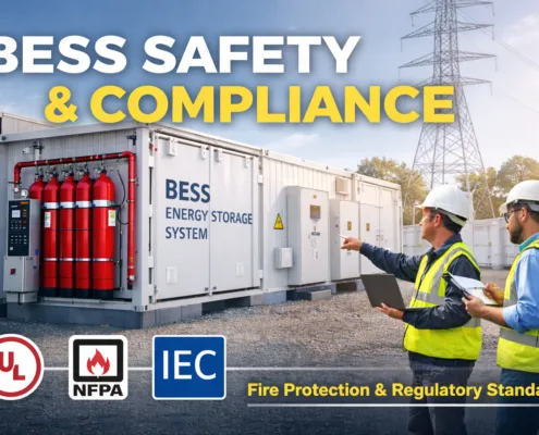  SunLith Energy Containerized battery energy storage system with integrated fire suppression, safety architecture, and on-site inspection demonstrating BESS compliance with UL, NFPA, and IEC standards
