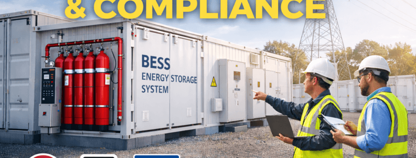 Containerized battery energy storage system with integrated fire suppression, safety architecture, and on-site inspection demonstrating BESS compliance with UL, NFPA, and IEC standards
