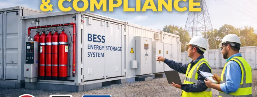  SunLith Energy Containerized battery energy storage system with integrated fire suppression, safety architecture, and on-site inspection demonstrating BESS compliance with UL, NFPA, and IEC standards