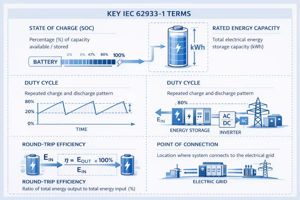 Key IEC 62933-1 energy storage terminology including state of charge and rated capacity