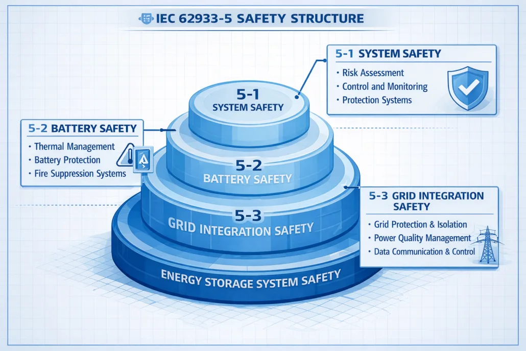 Infographic showing IEC 62933-5 safety structure with three layers: 5-1 system safety, 5-2 battery safety, 5-3 grid integration safety.
