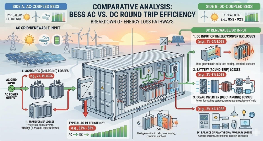comparing AC round trip efficiency vs DC round trip efficiency in battery energy storage systems showing inverter losses, transformer losses and battery losses