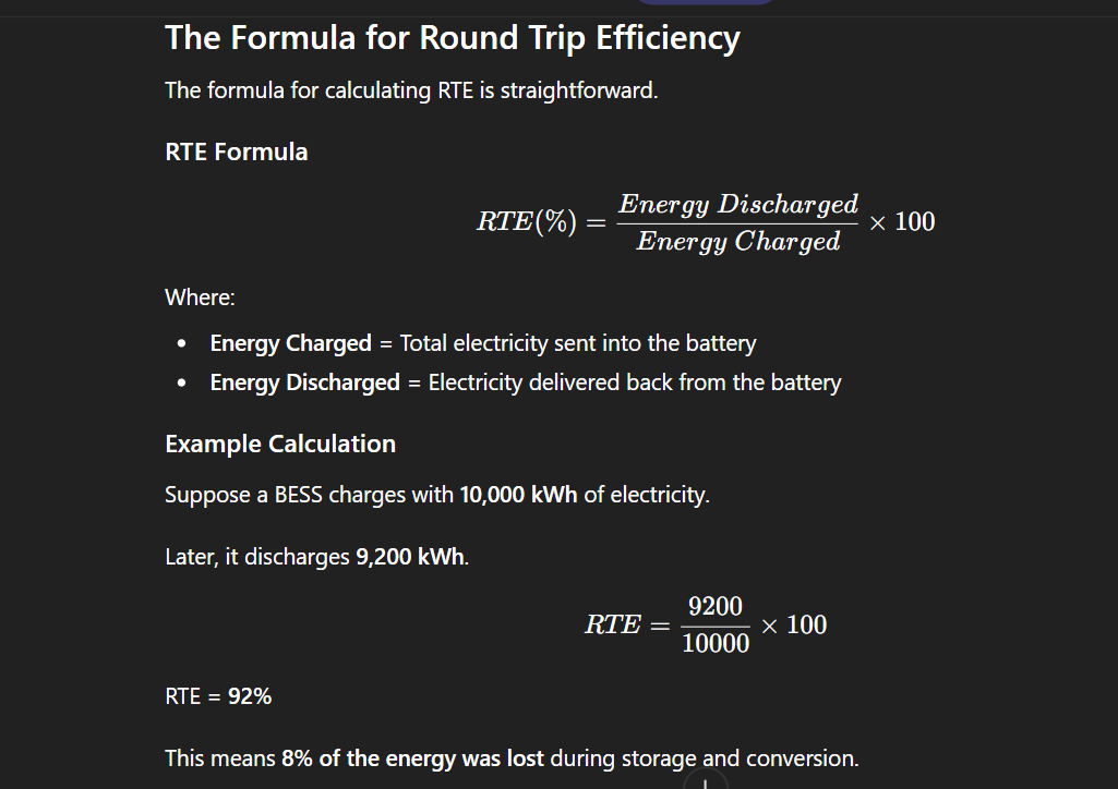 BESS Round Trip Efficiency Formula