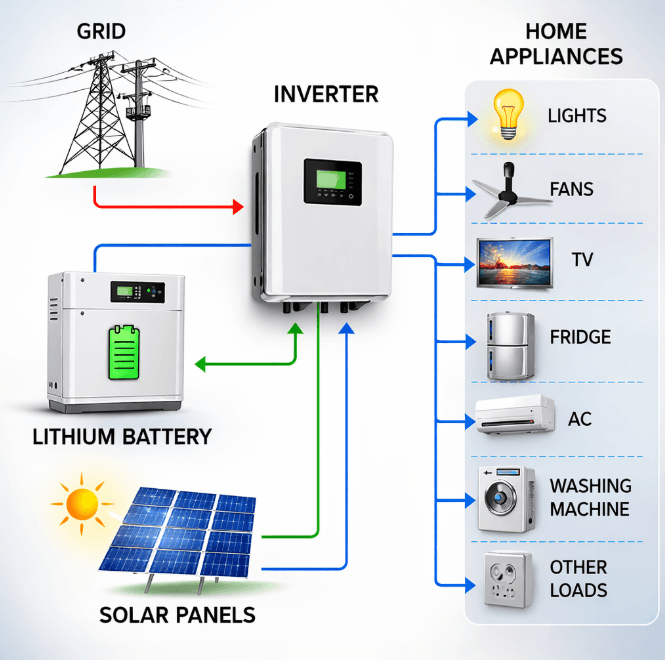 Lithium Battery for Inverter System - SunLith Energy lithium battery connected to home inverter backup system