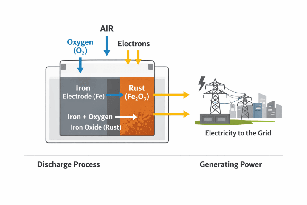 Iron-air battery discharge process converting iron to rust and generating electricity.