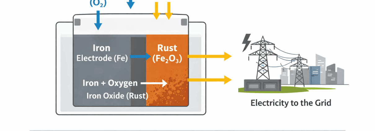  SunLith Energy Iron-air battery discharge process converting iron to rust and generating electricity.