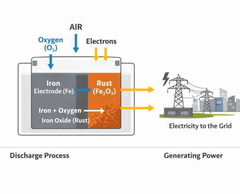 Iron-air battery - SunLith Energy SunLith Energy Iron-air battery discharge process converting iron to rust and generating electricity.