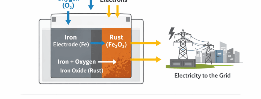 Iron-air battery discharge process converting iron to rust and generating electricity.