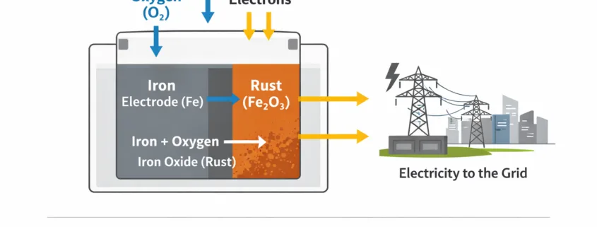  SunLith Energy Iron-air battery discharge process converting iron to rust and generating electricity.