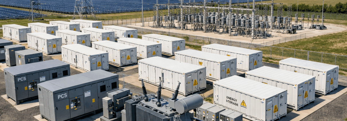  SunLith Energy large utility scale battery energy storage system with containerized battery units PCS equipment transformers and electrical grid infrastructure renewable energy facility