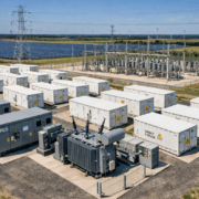  SunLith Energy large utility scale battery energy storage system with containerized battery units PCS equipment transformers and electrical grid infrastructure renewable energy facility
