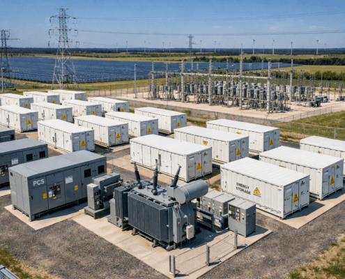 Large-scale-lithium-ion-battery-energy-storage-system-1 - SunLith Energy SunLith Energy large utility scale battery energy storage system with containerized battery units PCS equipment transformers and electrical grid infrastructure renewable energy facility