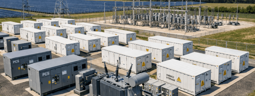 large utility scale battery energy storage system with containerized battery units PCS equipment transformers and electrical grid infrastructure renewable energy facility