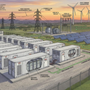  SunLith Energy Large-scale lithium-ion battery energy storage system next to solar farm and wind turbines, modern grid infrastructure