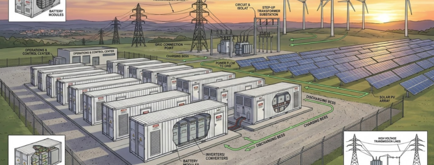 Large-scale lithium-ion battery energy storage system next to solar farm and wind turbines, modern grid infrastructure