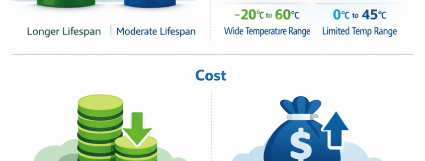 LiFePO4 vs NMC battery lifespan comparison infographic - SunLith Energy SunLith Energy LiFePO4 vs NMC battery lifespan comparison infographic