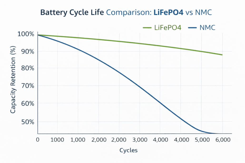 LiFePO4 vs NMC Battery cycle life comparison - SunLith Energy LiFePO4 vs NMC Battery cycle life comparison