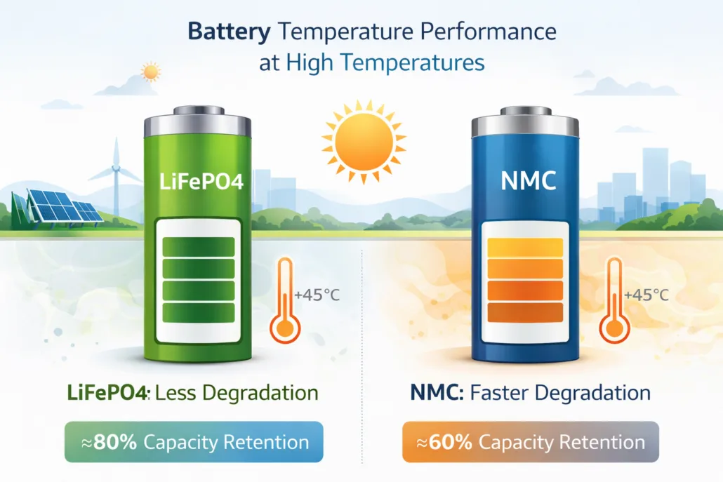 Temperature impact on LiFePO4 vs NMC battery lifespan