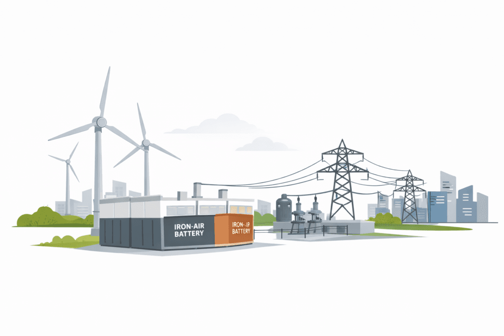 Utility-scale iron-air battery system supporting renewable energy grid.