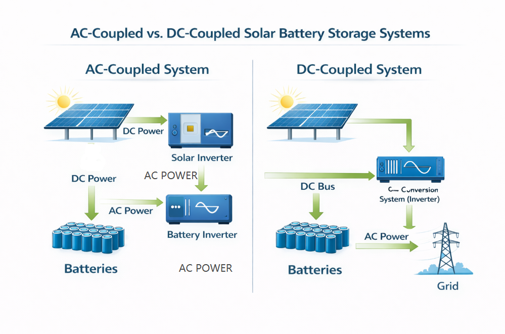 AC coupled vs DC coupled solar battery storage system diagram