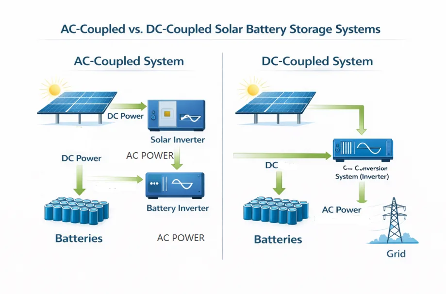 AC coupled vs DC coupled solar battery storage system diagram