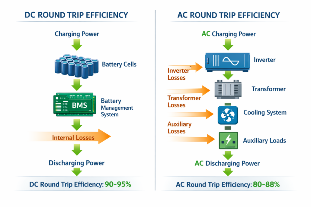 AC vs DC round trip efficiency comparison in battery energy storage systems