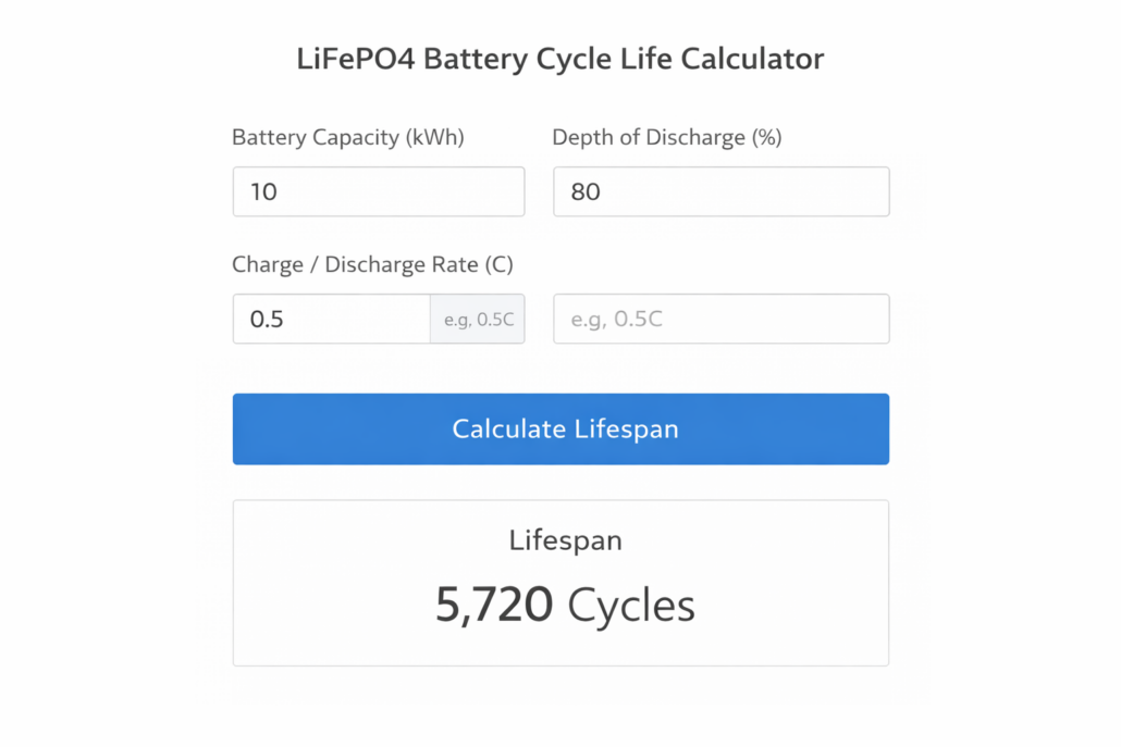 battery cycle life calculator adjusts for DOD difference using the power-law correction formula