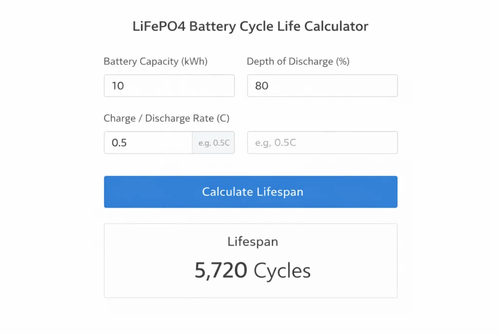 battery cycle life calculator adjusts for DOD difference using the power-law correction formula