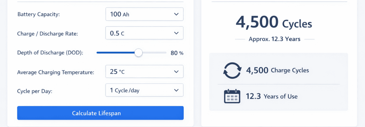  SunLith Energy LiFePO4 battery cycle life calculator showing DOD-adjusted lifespan for solar and BESS projects