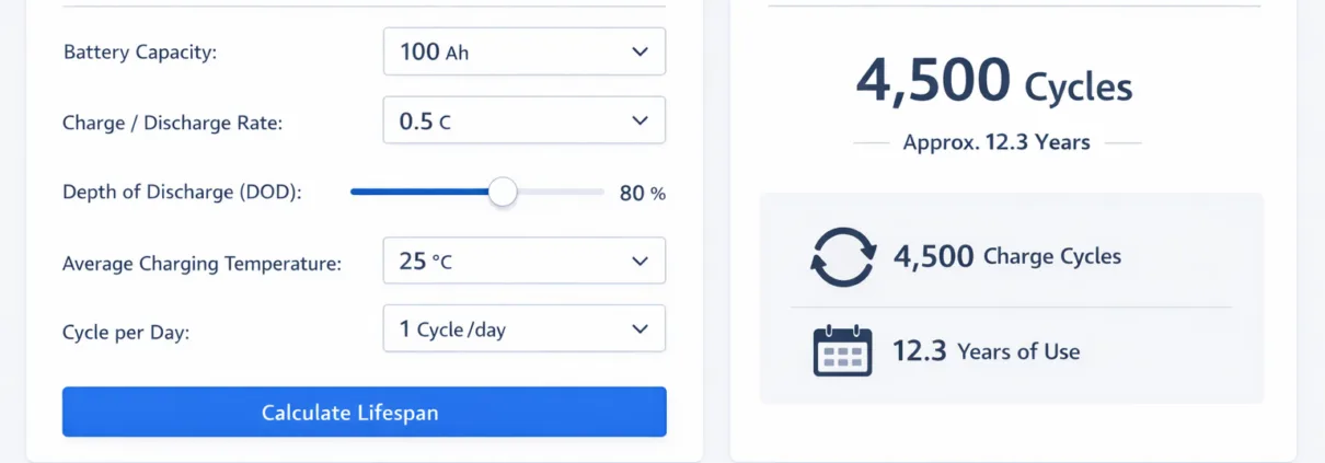 battery-cycle-life-calculator-ui - SunLith Energy SunLith Energy LiFePO4 battery cycle life calculator showing DOD-adjusted lifespan for solar and BESS projects
