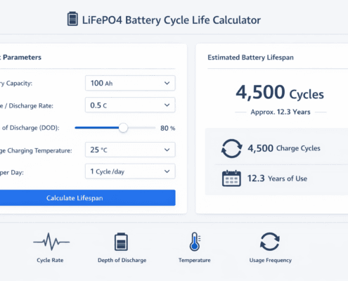 battery-cycle-life-calculator-ui - SunLith Energy SunLith Energy LiFePO4 battery cycle life calculator showing DOD-adjusted lifespan for solar and BESS projects