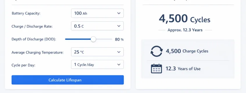 LiFePO4 battery cycle life calculator showing DOD-adjusted lifespan for solar and BESS projects