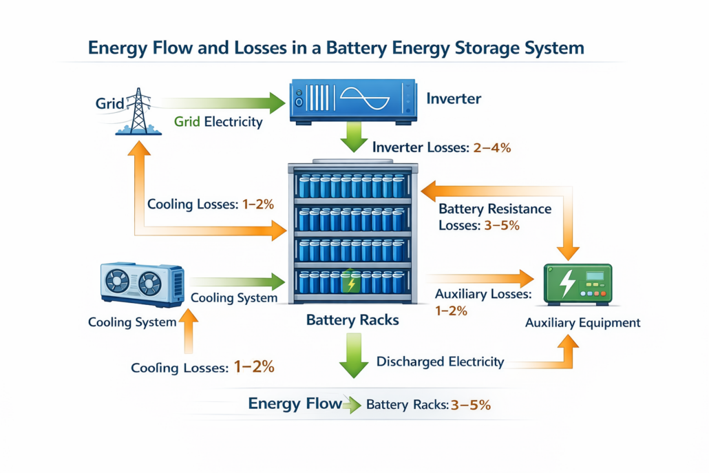 Battery Energy Storage System Energy Loss Diagram Showing Inverter and Battery Losses