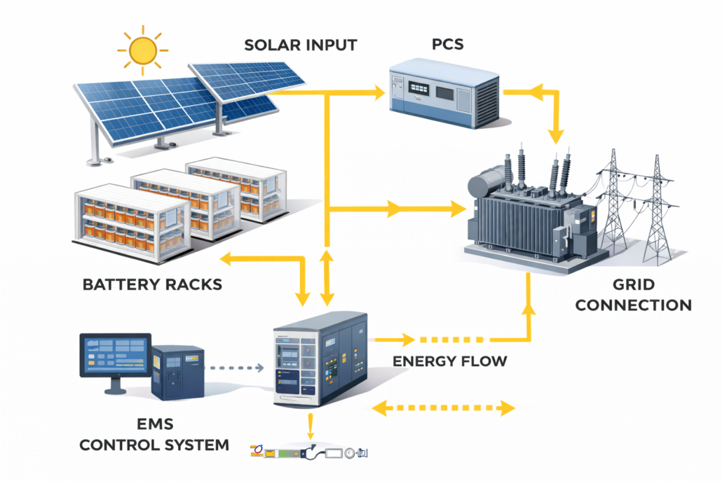 battery energy storage systems architecture showing solar input battery racks PCS inverter EMS control system and grid connection