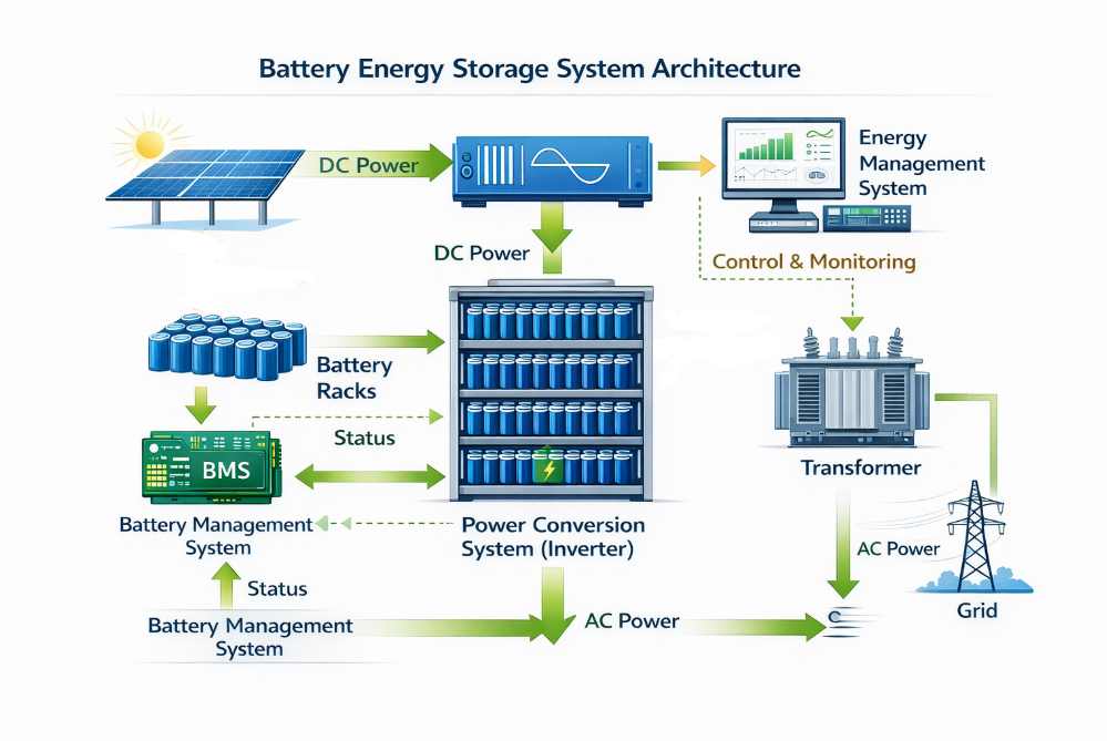 battery energy storage system architecture diagram showing PCS inverter and battery racks