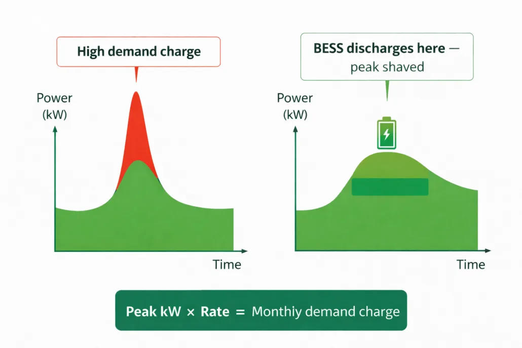 BESS battery storage system peak shaving diagram showing demand charge reduction and flattened load curve