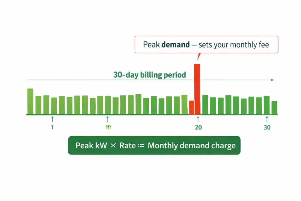diagram showing demand charge calculated from 15-minute peak power interval on electricity meter