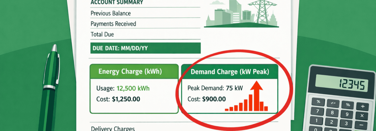  SunLith Energy demand charge on a commercial electricity bill showing peak power usage spike