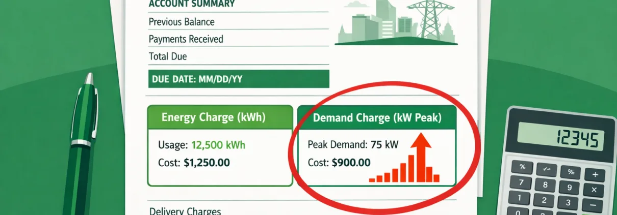 Demand Charge on Commercial Electricity Bill - SunLith Energy SunLith Energy demand charge on a commercial electricity bill showing peak power usage spike