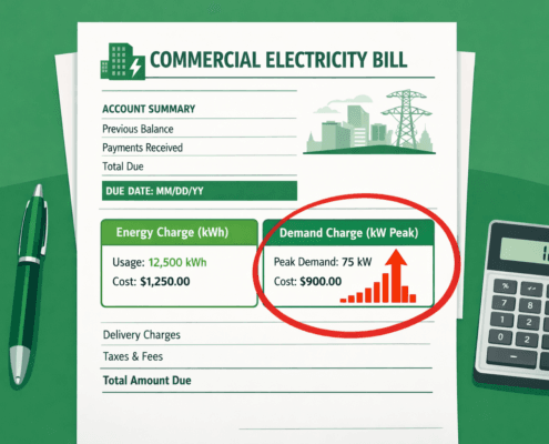 Demand Charge on Commercial Electricity Bill - SunLith Energy SunLith Energy demand charge on a commercial electricity bill showing peak power usage spike