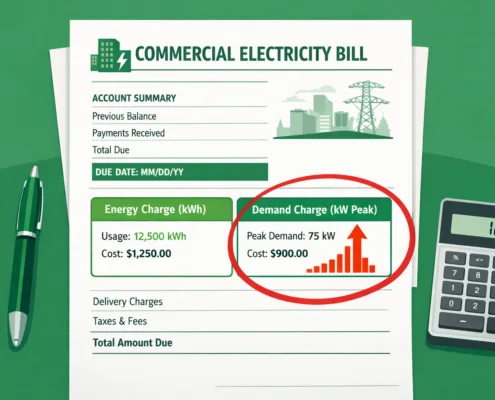 SunLith Energy demand charge on a commercial electricity bill showing peak power usage spike