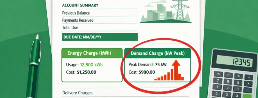 demand charge on a commercial electricity bill showing peak power usage spike