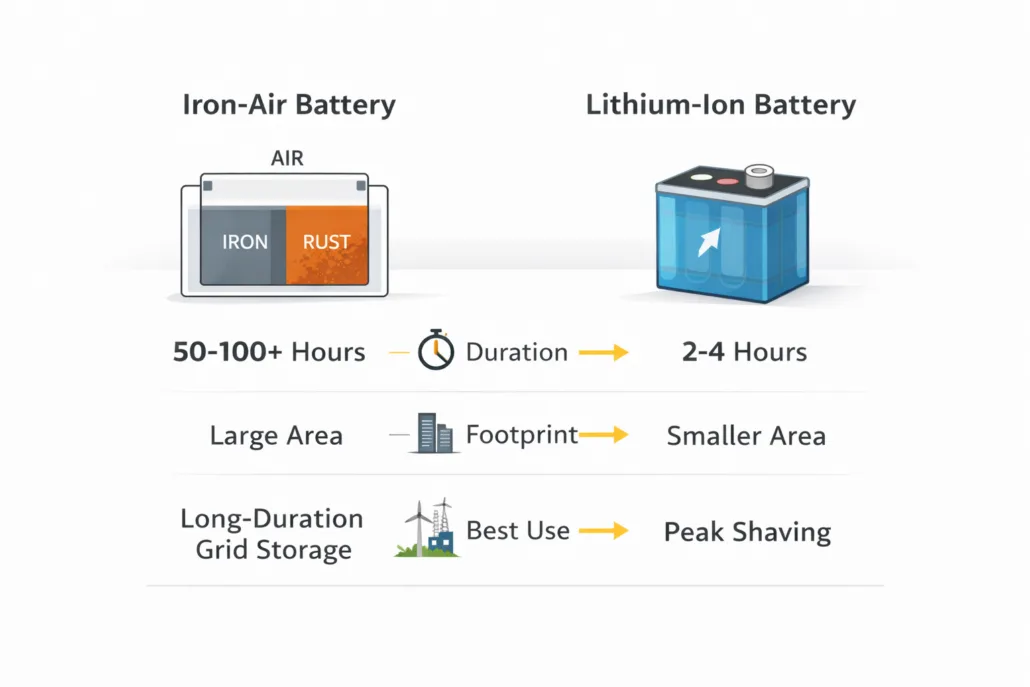 Comparison between iron-air battery and lithium-ion battery for grid storage.