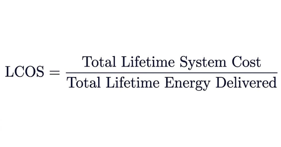 LCOS formula: total lifetime system cost divided by total lifetime energy delivered